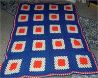 Vtg Red, White & Blue Crocheted Blanket
