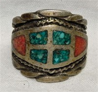 Vtg Sterling Silver Turquoise/Coral Ring