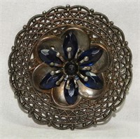 Antique Large Filigree Blue Glass Flower Brooch