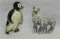 Enamel Penguin Pin & Rhinestone Deer Pin
