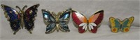 (4) Enamel Vintage Butterfly Brooch Pins