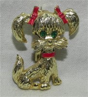 1960's Gold Tone Green Rhinestone Dog Pin