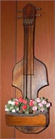 Vtg Wooden Violin Wall Planter, Faux Flowers