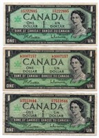 Lot of 3 1967 Bank of Canada $1 Notes