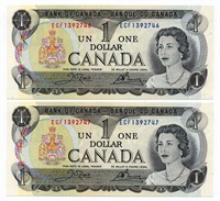 2 Consecutive 1973 Bank of Canada $1 Notes