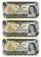 3 Consecutive 1973 Bank of Canada $1 Notes