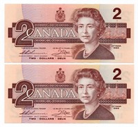 2 Consecutive 1986 Bank of Canada $2 Notes