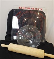 Dough sheet, Pyrex bowl, rolling pin