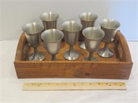 Pewter Goblets in Wood Tray - Marked "Web Pewter"