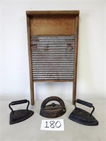Antique Irons and Washboard