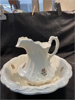 Pitcher and Bowl W/ Floral Rim Has A Chip No