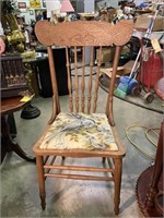Vintage Oak Dining Room Chair W/ Pheasant Fabric