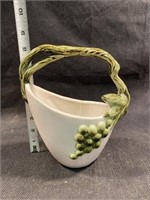 Ceramic Pot W/ Grapes And Wine Handle Has Crack