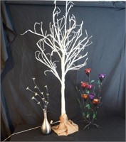 Fiberoptic Tree & Vase; Metal & Glass Rose Votive