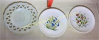 Milk glass hand painted plates and open lace