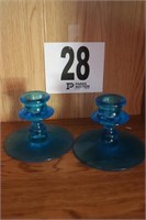 Pair of Vintage Blue Glass Candle Holders (3.5"