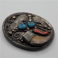 KM BEAR CLAW TURQUOISE & SILVER BELT BUCKLE 4"