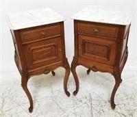 Pair of antique tiger oak marble top side tables