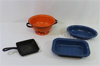 4 Pcs. Blue/Orange Enamelware & Cast Iron Cookware