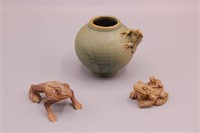 3 Pcs. Small Ceramic Frog Vase & Frog Figurines