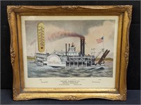 Framed steamboat print with attached thermometer