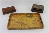 3 Pcs. Decorative Wood Boxes & Globe Tray