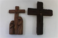 2 Mid-Cent & Primitive Carved Wooden Crosses