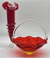 Red Art Glass Vase & Basket