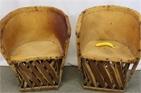 Pair Mexican Equipal Leather Barrel Chairs