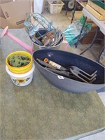 water can,ceramic pots, planter w/yard tools