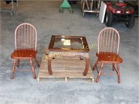 Glass Top Wooden End Table & 2 Wood Chairs