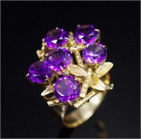 Amethyst & 14ct yellow gold "bamboo" cluster