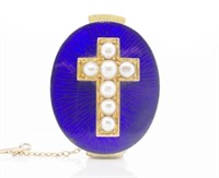 Antique pearl set 18ct gold cross and enamel