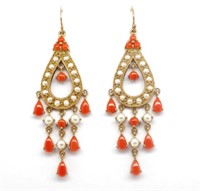 Pearl, coral and 9ct rose gold chandelier earrings