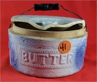 Blue & White Butter Crock Metal/Wood Handle lid is