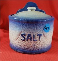 Blue & White Salt Crock Repaired Lid 4 inch