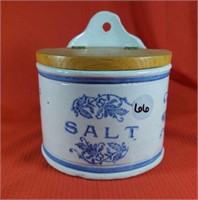 Blue & White Salt Crock with Wooden Lid 4 1/2 inch