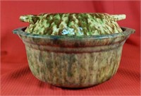 Spongeware Green & Brown Crock Bowl w/ Lid 8 inch