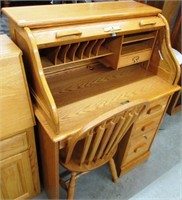 Small Modern Oak Roll Top Desk (W/ Chair)