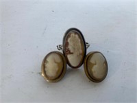 Vintage signed cameo ring and earrings