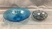 Blue Colored Glass & Irisdes. Thumbprint Bowl