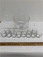Glass Punch Bowl With Ladle and 12 Cups
