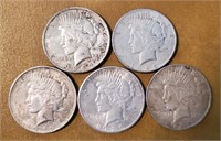 Lot of 5 Silver Peace Dollars