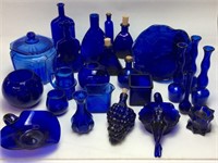 BLUE GLASS BOTTLES, VASES, TRINKET DISHES