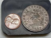 OF) 1857 Bank of upper Canada one penny Bank token