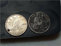 OF)1877 silver seated liberty dime and 1956 Canada