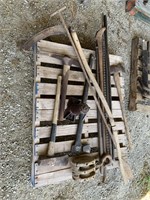 PALLET WITH ANTIQUE TOOLS & AXES
