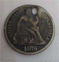1876 Seated Liberty Silver Dime Holed