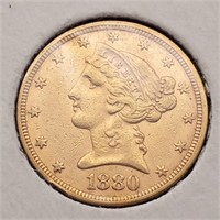 1880 Gold $5 Liberty Head Half Eagle Coin