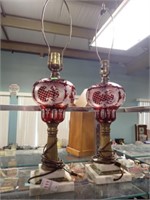 PAIR  OF RUBY GLASS MARBLE-BASE LAMPS  25"